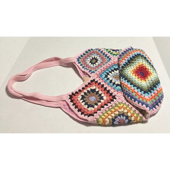 Womens Street Level Boho Crocheted Lined Handbag Granny Square Tote Multi NWT - Picture 3 of 14